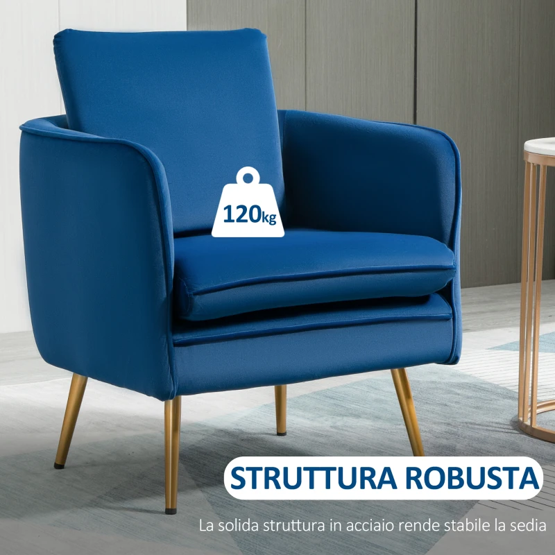 HOMCOM Poltroncina in Velluto Imbottita con Braccioli, 63x61x80cm, Blu