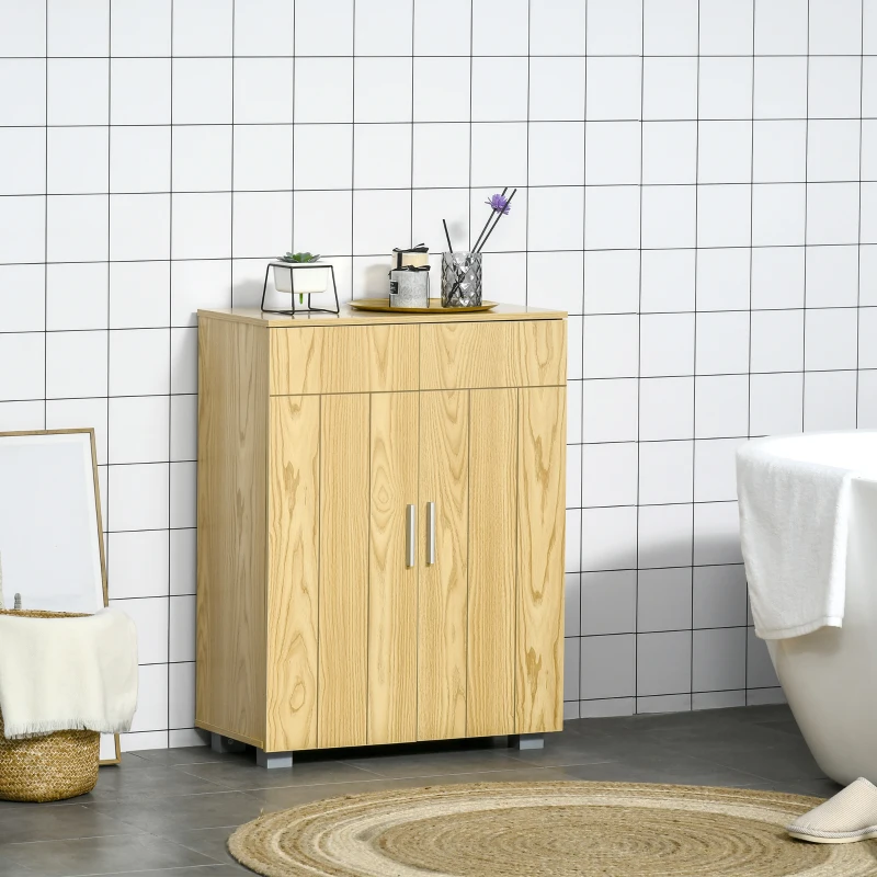 kleankin Armario de Baño con 2 Puertas y 2 Estantes Ajustables de 7 Niveles Mueble Auxiliar de Almacenaje para Salón Cocina Antivuelco 60x30x80 cm Natural