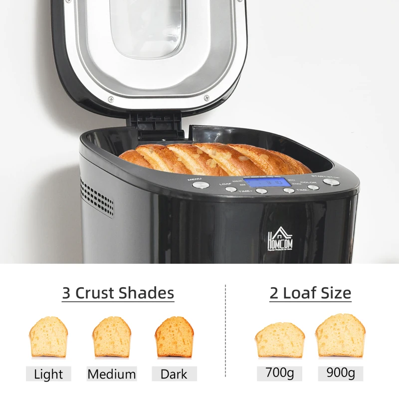 HOMCOM Digital Bread Maker 550W 12-in-1 Programmed Bread Machine with 13-Hour Delay Timer 60 Minutes Keep Warm Function Non-stick Pan 3 Crust Colors 2 Loaf Size Black
