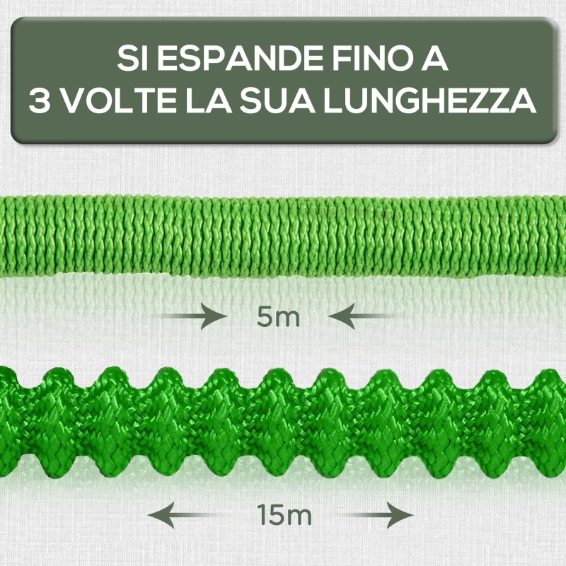 Outsunny Tubo da Giardino Estensibile da 15m con Pistola Spray a 8 Funzioni, Verde