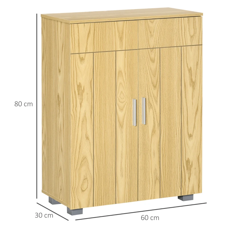 kleankin Armario de Baño con 2 Puertas y 2 Estantes Ajustables de 7 Niveles Mueble Auxiliar de Almacenaje para Salón Cocina Antivuelco 60x30x80 cm Natural