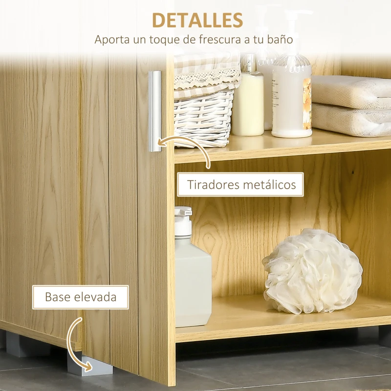 kleankin Armario de Baño con 2 Puertas y 2 Estantes Ajustables de 7 Niveles Mueble Auxiliar de Almacenaje para Salón Cocina Antivuelco 60x30x80 cm Natural