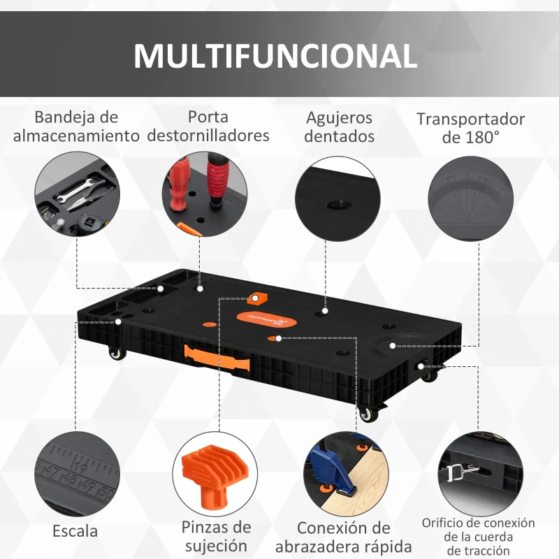 DURHAND Banco de Trabajo 5 en 1 Mesa de Trabajo con Altura Ajustable en 3 Niveles Patas Retráctiles 4 Ruedas Carga 150 kg Como Caballete de Sierra para Taller Garaje 105x74x80 cm Negro