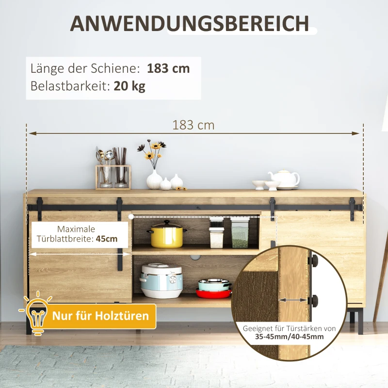 HOMCOM schuifdeursysteem looprail schuifdeurbeslag voor dubbele houten deuren accessoires koolstofstaal zwart 183 x 0,6 x 18 cm