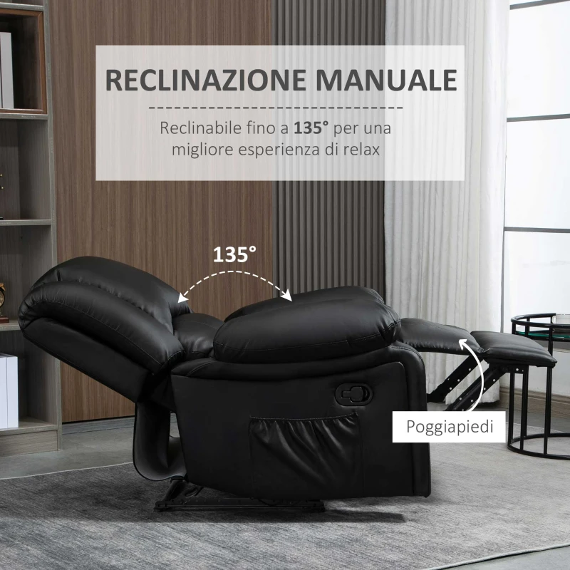 HOMCOM Poltrona Relax Reclinabile con Maniglia e Tasche Laterali, 100x89x100cm, Nera
