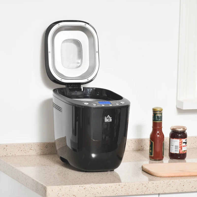 HOMCOM Digital Bread Maker 550W 12-in-1 Programmed Bread Machine with 13-Hour Delay Timer 60 Minutes Keep Warm Function Non-stick Pan 3 Crust Colors 2 Loaf Size Black