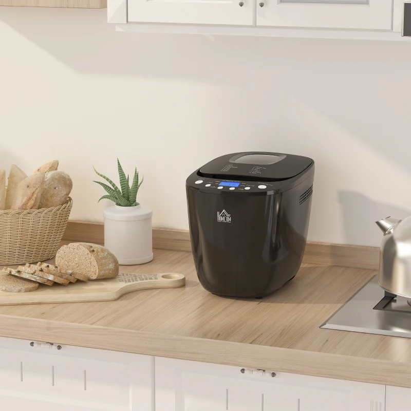 HOMCOM Digital Bread Maker 550W 12-in-1 Programmed Bread Machine with 13-Hour Delay Timer 60 Minutes Keep Warm Function Non-stick Pan 3 Crust Colors 2 Loaf Size Black