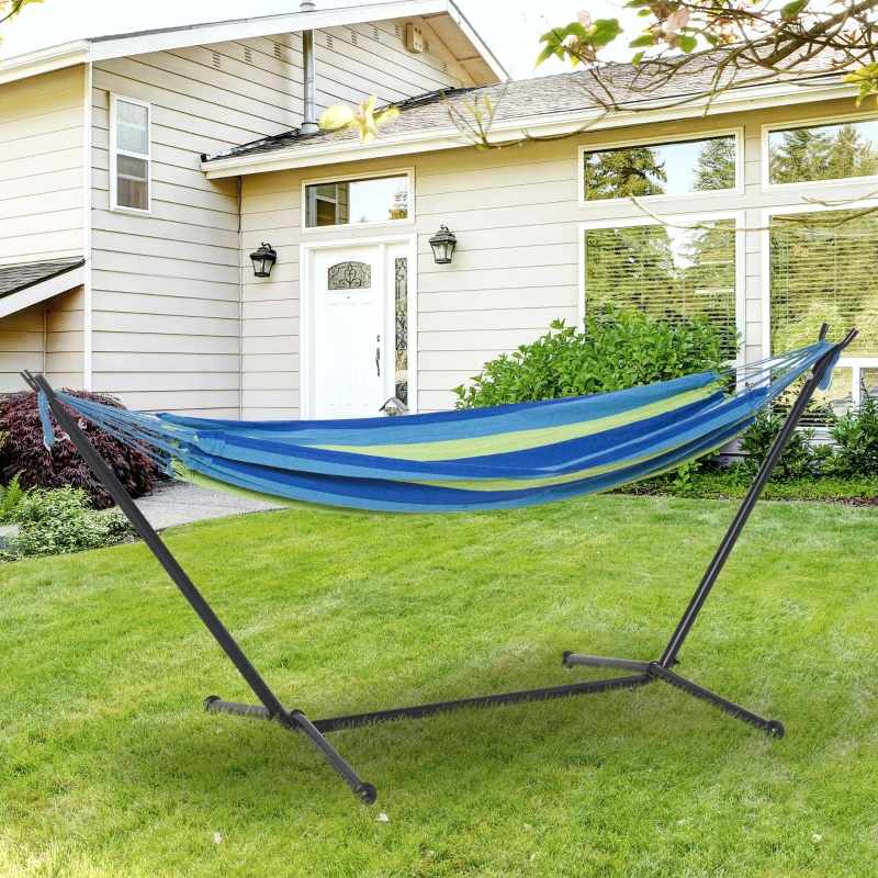 Outsunny 277 x 121cm Hammock with Metal Stand Portable Carrying Bag 120kg Green Stripe