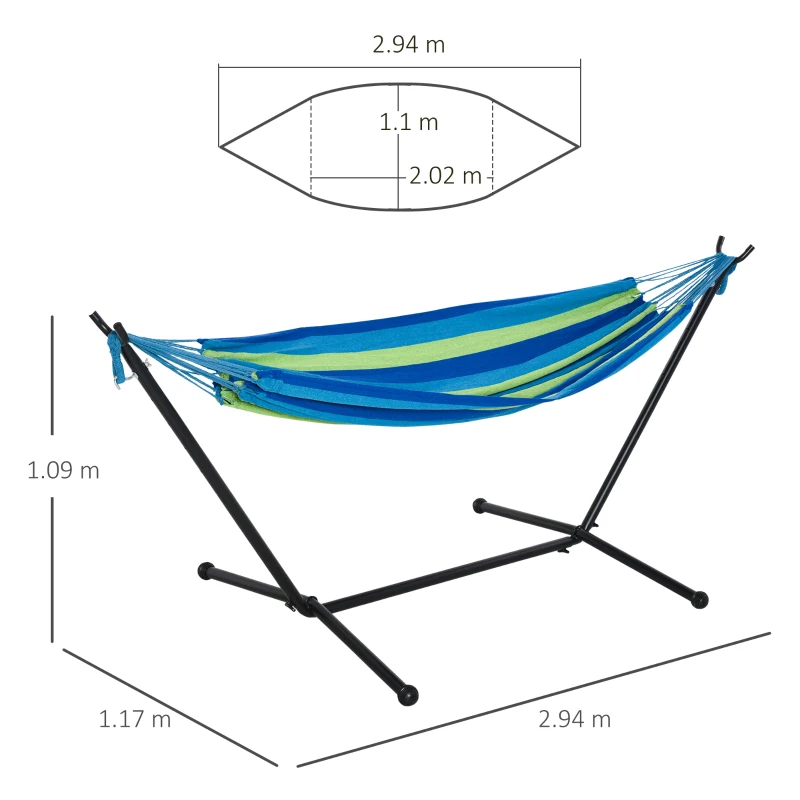 Outsunny 277 x 121cm Hammock with Metal Stand Portable Carrying Bag 120kg Green Stripe