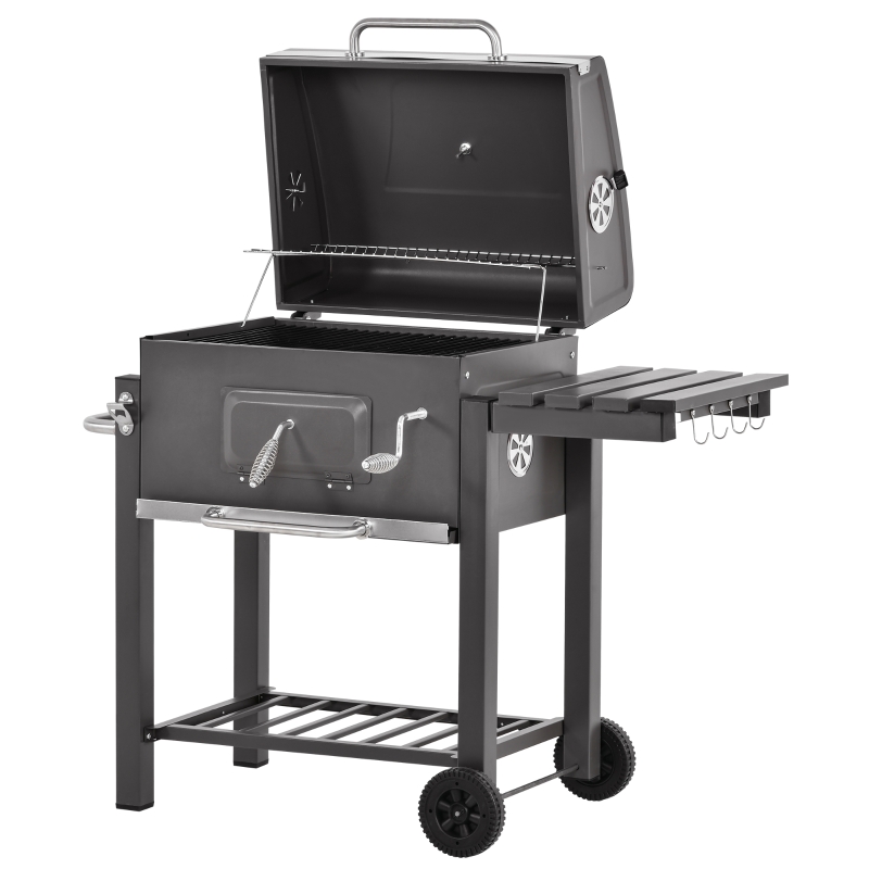 Outsunny Barbacoa de Carbón con Parrilla y Ahumador para Exterior con Bandeja Lateral Estante y Ruedas 115x56x108cm Gris