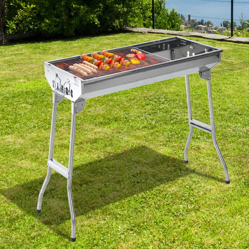 Outsunny Portable Charcoal BBQ Grill, Stainless Steel,73Lx33Wx71H cm-Silver