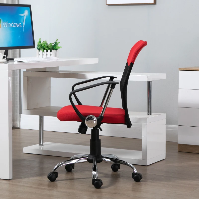 Vinsetto Silla de Oficina Ergonómica Silla de Escritorio Basculante y Giratoria con Altura Ajustable del Asiento Reposabrazos y Ruedas 57x57x93-103 cm Rojo