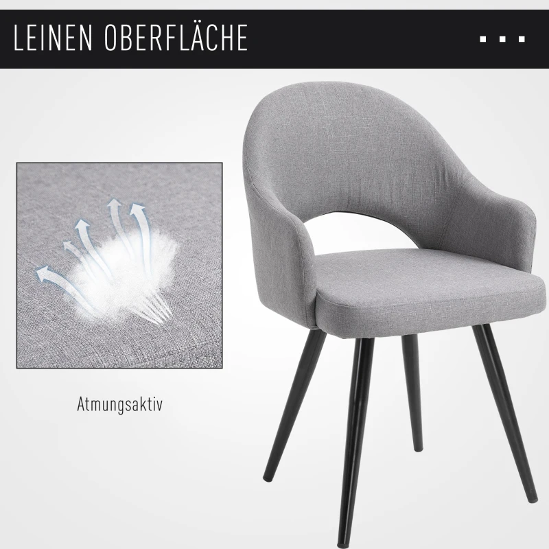 HOMCOM Esszimmerstuhl, Wohnzimmerstuhl, Bürostuhl, Polsterstuhl, Sessel mit Armlehne, Leinen Stahl, Grau, 56 x 58,5 x 84,5 cm