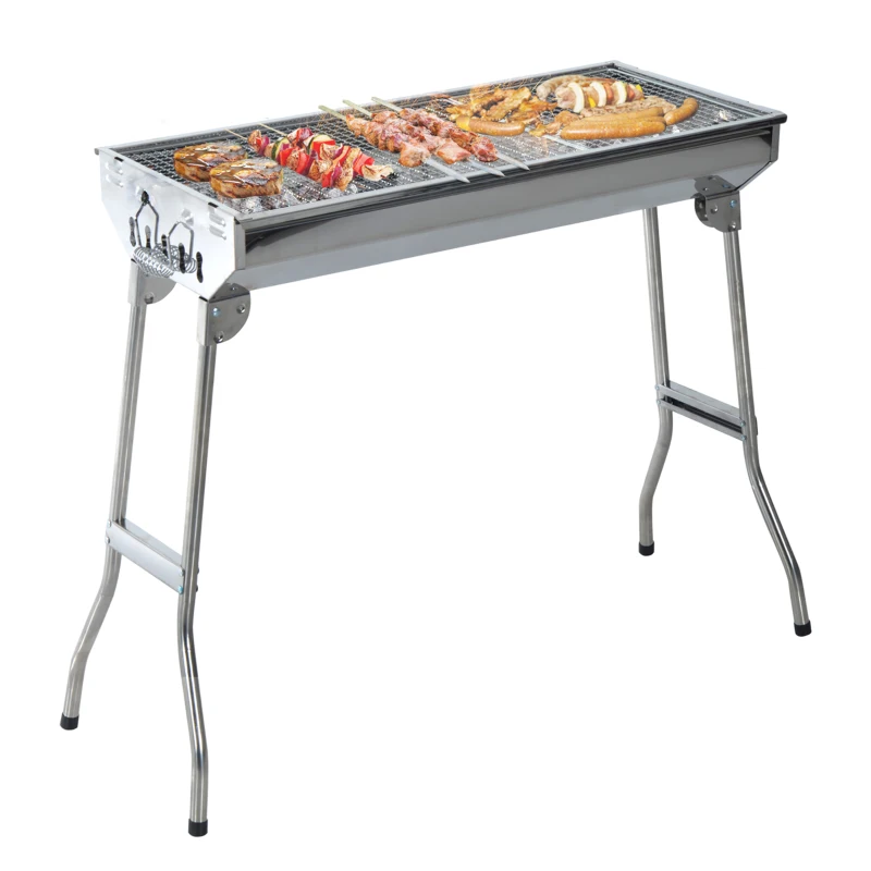 Outsunny Portable Charcoal BBQ Grill, Stainless Steel,73Lx33Wx71H cm-Silver
