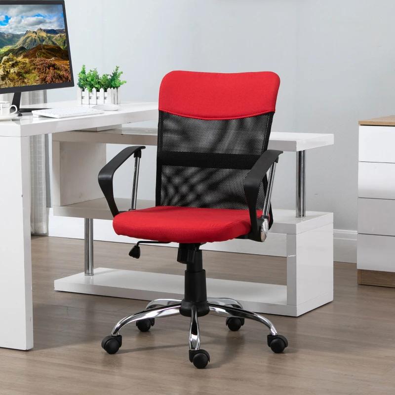 Vinsetto Silla de Oficina Ergonómica Silla de Escritorio Basculante y Giratoria con Altura Ajustable del Asiento Reposabrazos y Ruedas 57x57x93-103 cm Rojo