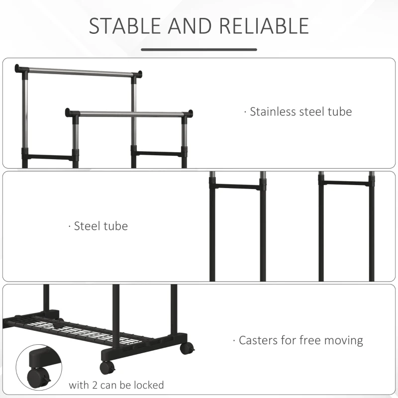 HomCom Cuier pentru Haine Dublu cu Suport de Pantofi din Inox cu Roți Înălțime reglabilă