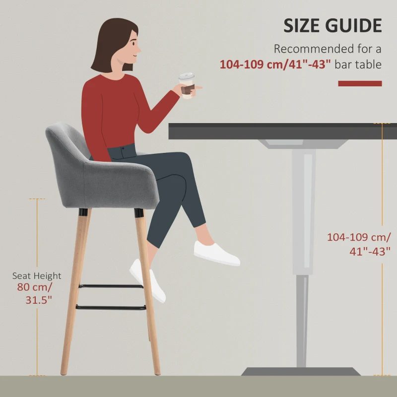 HOMCOM Set of 2  Bar Stools Modern Upholstered Seat Bar Chairs w/ Metal Frame, Solid Wood Legs Living Room Dining Room Fabric Furniture - Grey