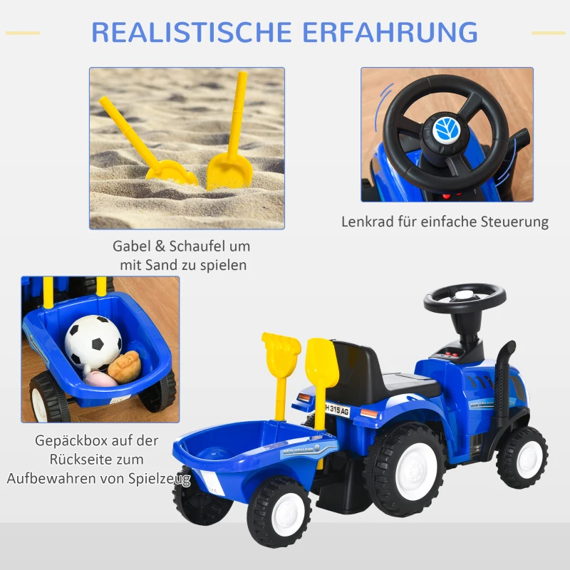 HOMCOM kinderloopauto NEW HOLLAND loopauto kinderauto kinderauto oldtimer loophulp met claxon kunststof metaal blauw 91 x 29 x 44 cm