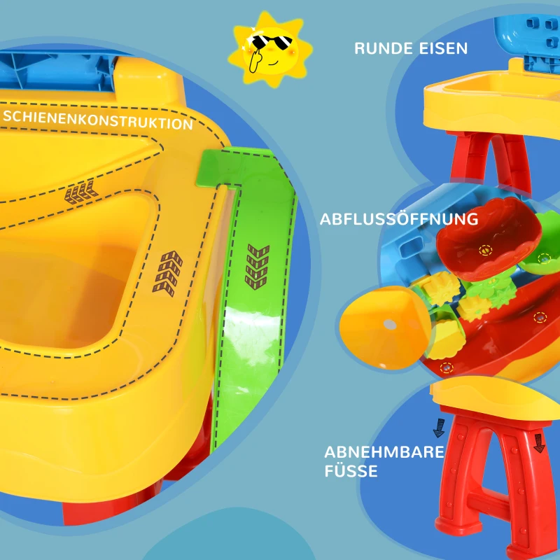 HOMCOM Kinder Sand- und Wasserspieltisch Sandspielzeug, Sandkastentisch mit 31-tlg. Zubehör, Spieltisch, Strandspielzeug, ab 3 Jahren, Kunststoff, 73 x 35 x 70 cm