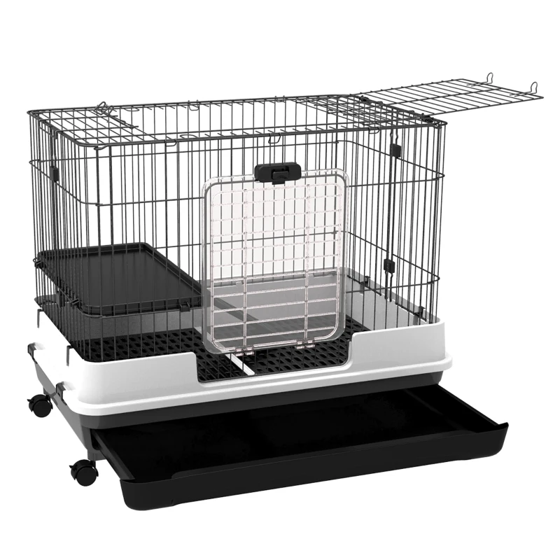 PawHut Kleintierkäfig mit Räder, 2 Türen, Plattform, Bodenfach, Metall, Schwarz, 81,2 x 52,7 x 66 cm