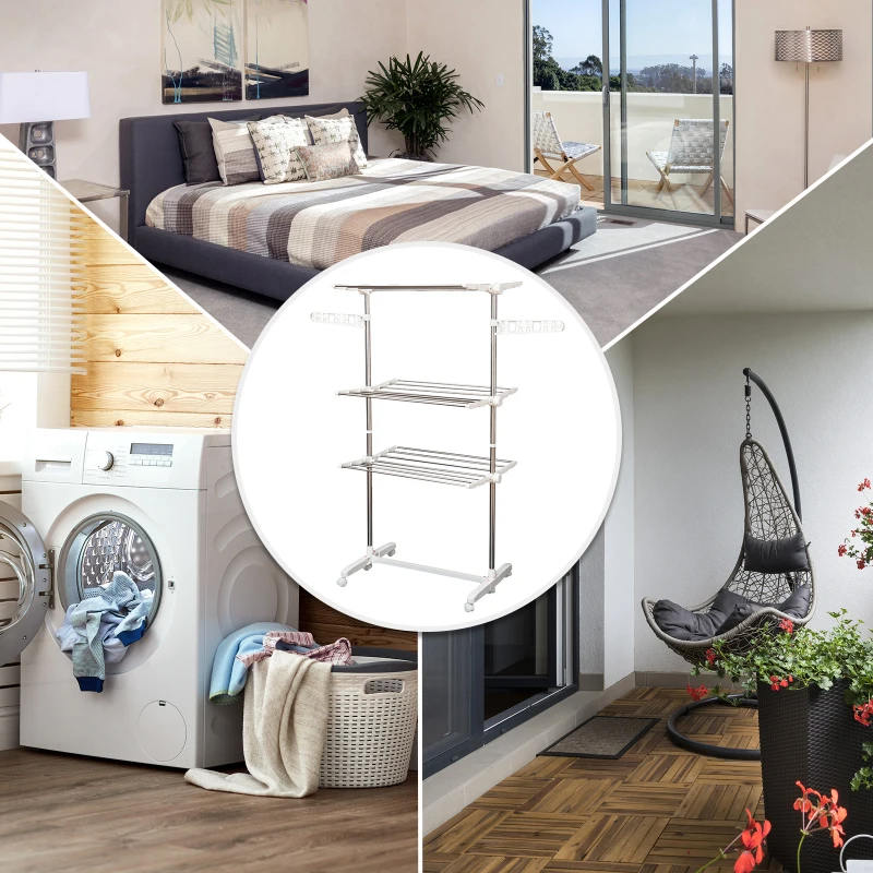 HOMCOM Mobiel kledingrek wasrek kledingrek 3 niveaus inklapbaar wielen