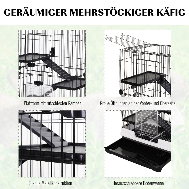 PawHut Kleintierkäfig mit 4 Räder Käfig 3 Öffnungen 2 Plattformen Metall Schwarz 81,2 cm x 52,7 cm x 110 cm