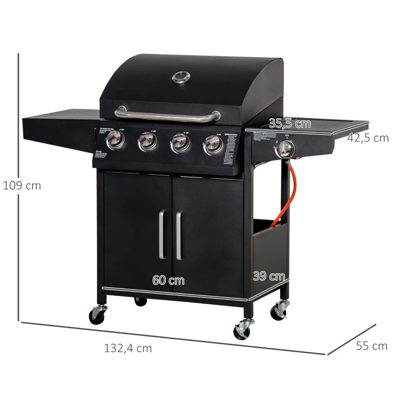 Outsunny 4+1 Gas BBQ Grill met 4 Branders en 1 Zijbrander Koolstofstaal Zwart 132 x 55 x 109 cm