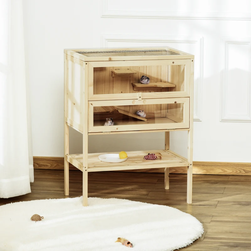 PawHut Kooi voor kleine dieren hamsterkooi kooi knaagdierkooi muizenkooi dennenhout, 60 x 40 x 80 cm