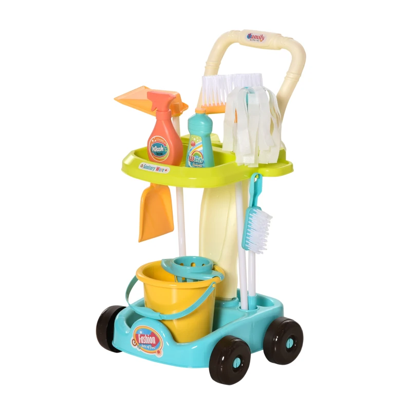 HOMCOM schoonmaakset voor kinderen rollenspel schoonmaak speelgoed 17 delig met bezem dweil stoffer PP kunststof groen + blauw + wit 30 x 29 x 55 cm