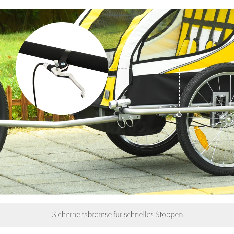 HOMCOM Kinderanhänger Fahrradanhänger Kinder Anhänger für 2 Kinder Regenschutz atmungsaktiv Gelb+Schwarz+Grauweiß 155 x 88 x 108 cm
