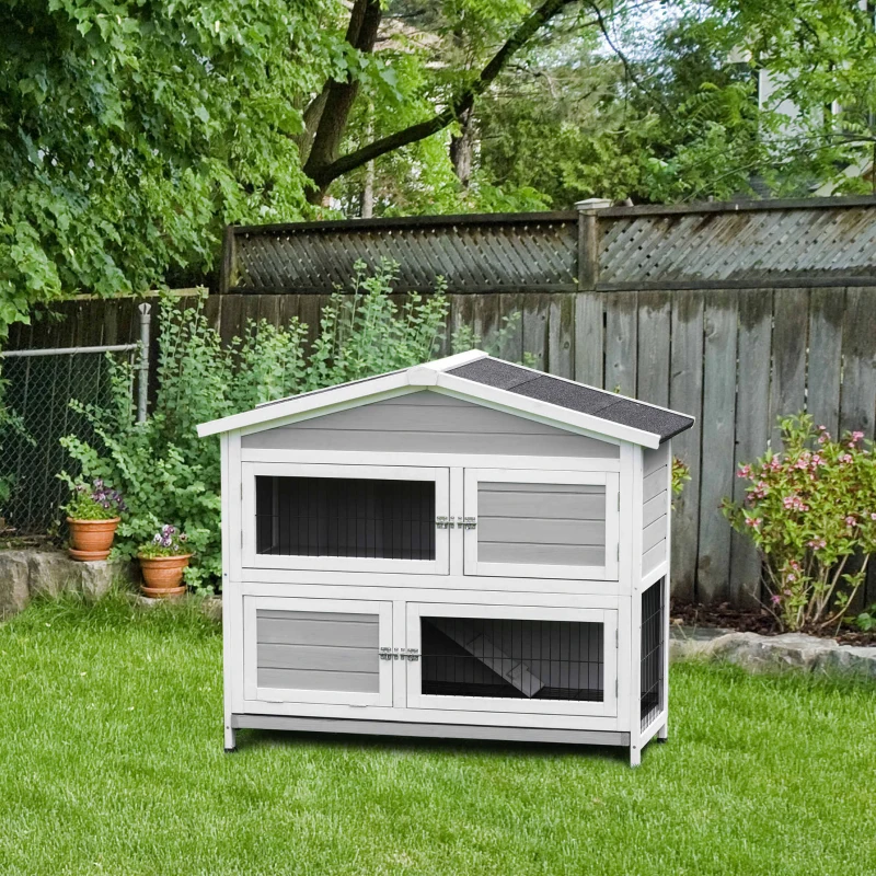 PawHut konijnenhok 2 verdiepingen design konijnenhok caviahok konijnenhok klein dier met 1 antislip helling dennenhout metaal lichtgrijs + wit + zwart 121,5 x 57 x 104,5 cm