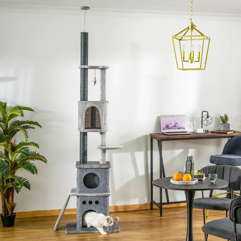 PawHut krabpaal krabpaal plafond hoge klimboom met kattenspeeltje sisal pluche lichtgrijs in hoogte verstelbaar 60 x 40 x 225-255 cm