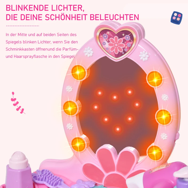 HOMCOM kinderkaptafel kaptafel met krukje 7 muziekstukken spiegel roze