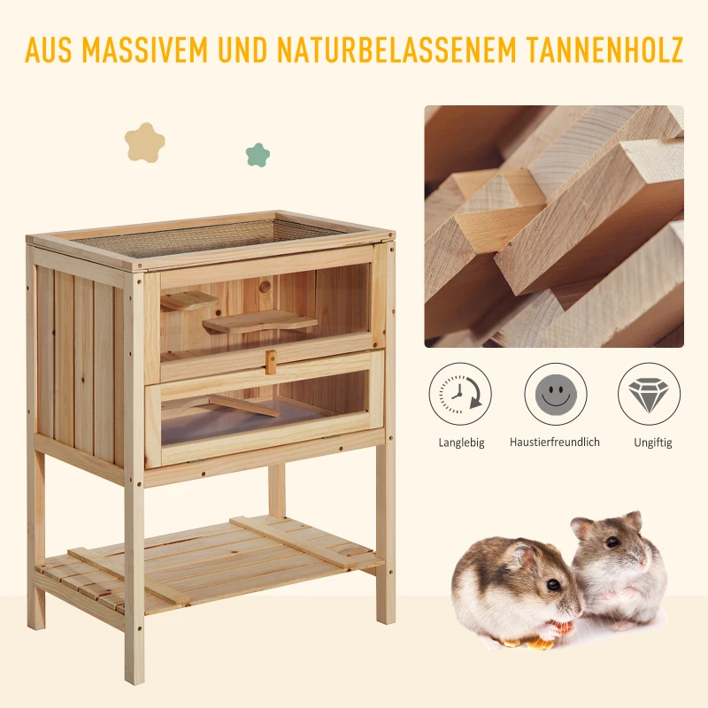 PawHut klatka dla małych zwierząt z 5 platformami i 1 rampą, klatka dla małych zwierząt, drewno jodłowe