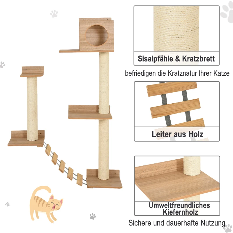 PawHut Klimwand voor katten wandkrabpaal kattenboom voor katten met ladder geel