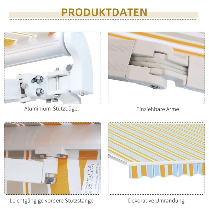 Outsunny Luxe Knikarm Zonnescherm voor Balkon en Terras, Handkruk, Weerbestendig, Geel en Beige
