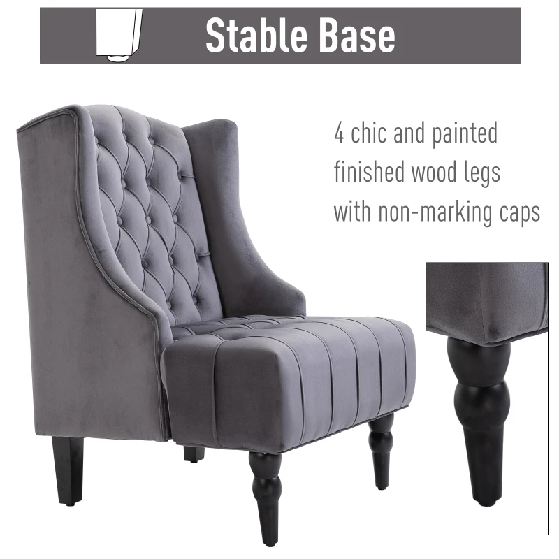HOMCOM Velvet Fabric Tufted French Style Tall Wingback Accent Chair Home Décor with Extra Wide Seat, Wooden Legs, Grey