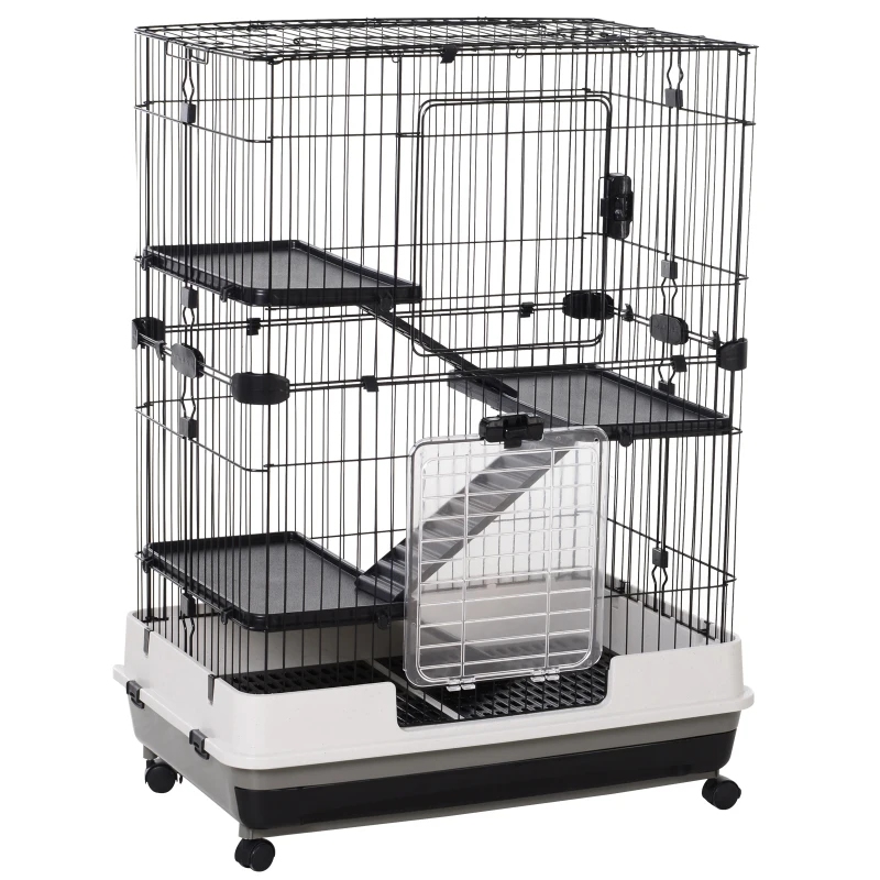 PawHut Kleintierkäfig mit 4 Räder Käfig 3 Öffnungen 2 Plattformen Metall Schwarz 81,2 cm x 52,7 cm x 110 cm