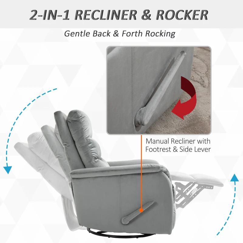 HOMCOM Manual Recliner Armchair, Velvet-Touch Polyester Fabric Upholstered Rocking Chair w/ Footrest, Armrest