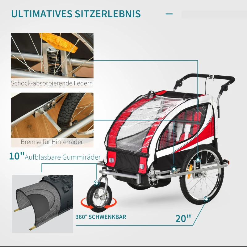 HOMCOM Kinderaanhanger 2 in 1 fietsaanhanger jogger aanhanger 360° draaibaar voor 2 kinderen