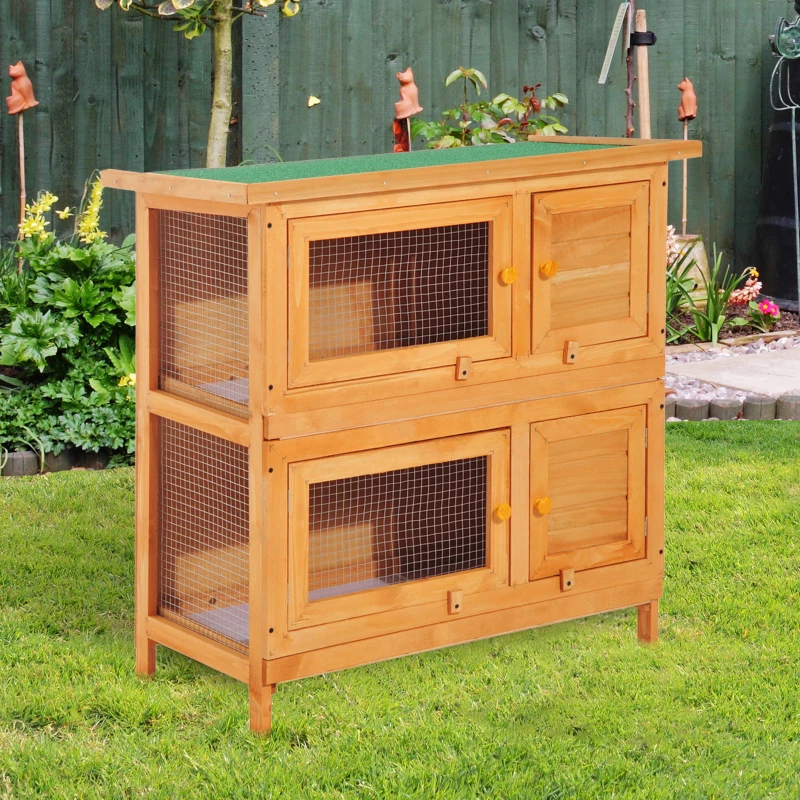 PawHut dwergkonijnenhok dubbellaags 90cm x 45cm x 90cm weerbestendig dennenhout