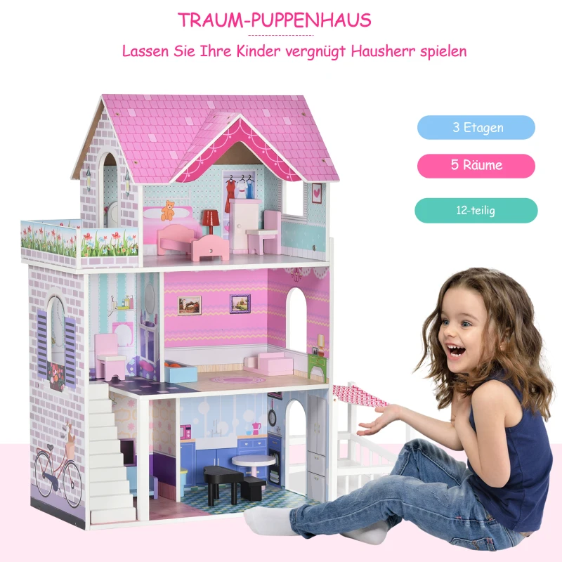 HOMCOM Puppenvilla Mädchen Spielzeug Kinder Puppenhaus aus Holz Puppenstube Dollhouse 3 Etagen mit Möbel und Zubehör 86 x 30 x 87 cm