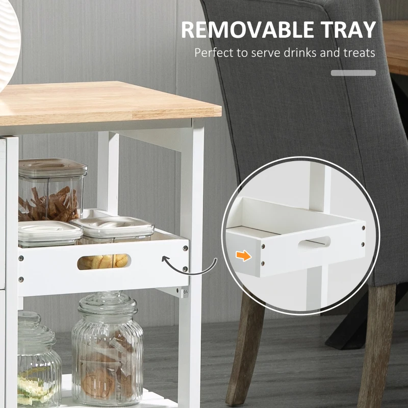 HOMCOM Rolling Kitchen Island Cart, Bar Serving Cart, Compact Trolley on Wheels with Wood Top, Shelves & Drawers for Home Dining Area, White