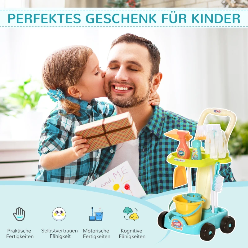 HOMCOM Besenwagen Putzwagen mit Zubehör Reinigungswagen Putzset für Kinder Rollenspiel Reinigungsspielzeug 17 Stück mit Besen Mopp Kehrschaufel PP-Kunststoff Grün+Blau+Weiß 30 x 29 x 55 cm