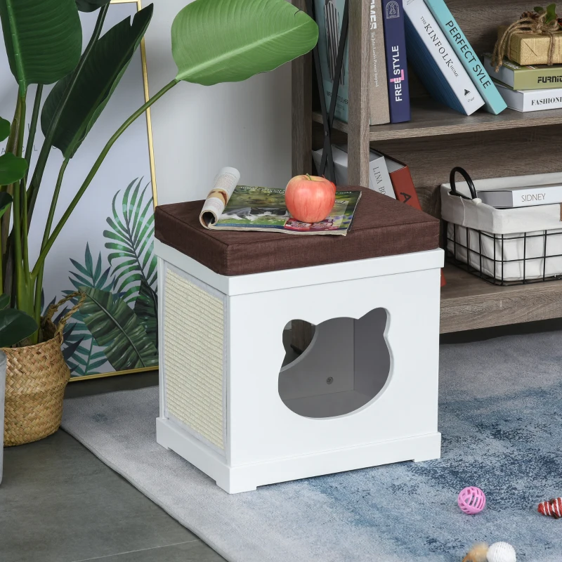 PawHut kattenhuis poef kruk 2-in-1 kattengrot kattenwoning MDF wit