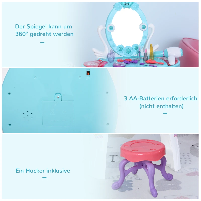 HOMCOM Kinderschminktisch Frisiertisch mit Hocker 5 Musikstücke Licht Mädchen Kosmetik Spiegel Infrarotsensor Blau 49,5x23,5x69,5 cm