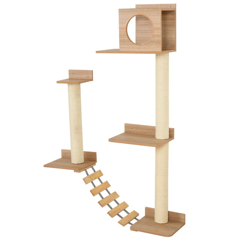 PawHut Klimwand voor katten wandkrabpaal kattenboom voor katten met ladder geel