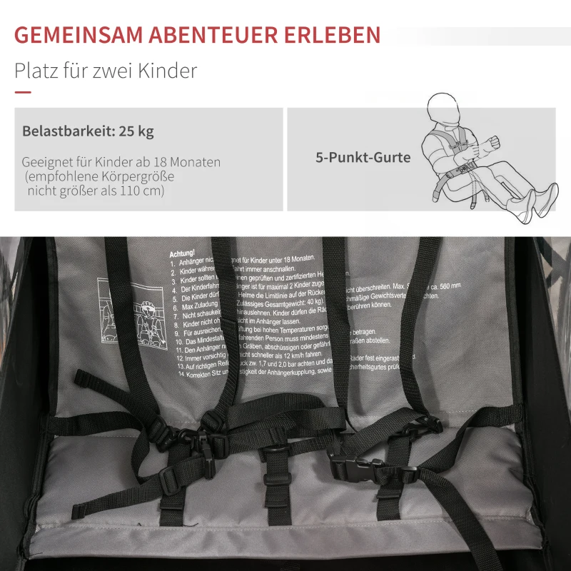 HOMCOM 2-in-1 kinderaanhanger fietskar kinderwagen met opbergtas tweelaags stalen buis metaal oxford rood + zwart 160 x 84 x 106 cm