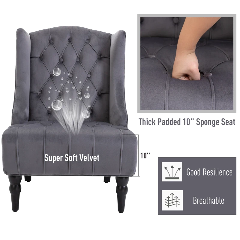 HOMCOM Velvet Fabric Tufted French Style Tall Wingback Accent Chair Home Décor with Extra Wide Seat, Wooden Legs, Grey