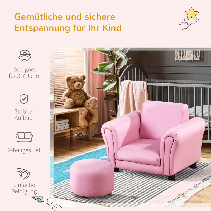HOMCOM® Kindersessel mit Fußhocker Kindercouch Kindersofa Minisofa Kindermöbel Holz Rosa